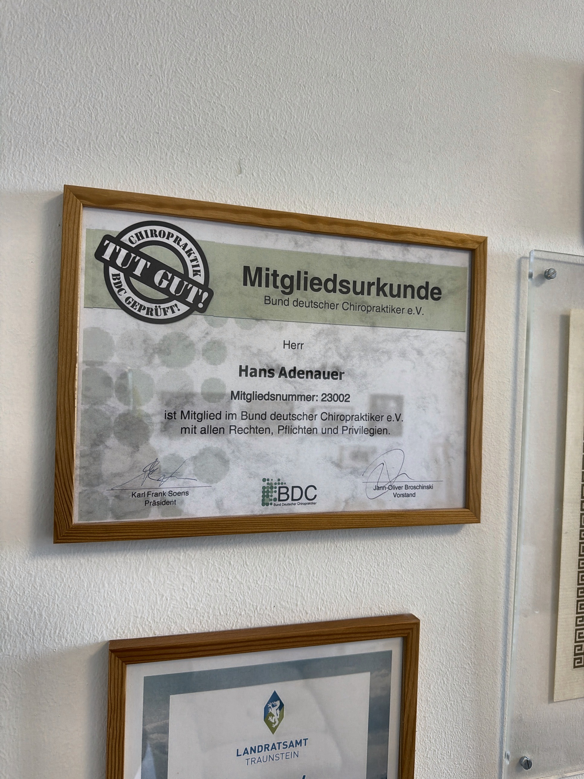 Mitgliedsurkunde Bund deutscher Chiropraktiker e.V.